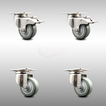 Service Caster 3.5 Inch 316SS Gray Polyurethane Wheel Swivel Top Plate Caster Lock Brake, 2PK SCC-SS316TTL20S3514-PPUB-2-S-2
